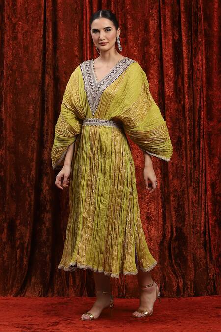 Buy Shikhar Sharma Green Lurex, Cotton Gota Patti, Embroidery V-neck Dori Striped Kaftan Online at Aza Fashions Buy_Shikhar Sharma_Green Lurex, Cotton Gota Patti, Embroidery V-neck Dori Striped Kaftan _Online_at_Aza_Fashions