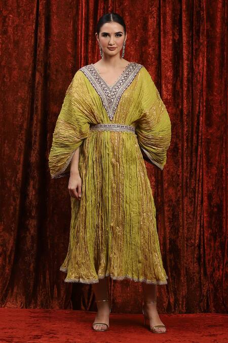 Shop Shikhar Sharma Green Lurex, Cotton Gota Patti, Embroidery V-neck Dori Striped Kaftan Online at Aza Fashions Shop_Shikhar Sharma_Green Lurex, Cotton Gota Patti, Embroidery V-neck Dori Striped Kaftan _Online_at_Aza_Fashions