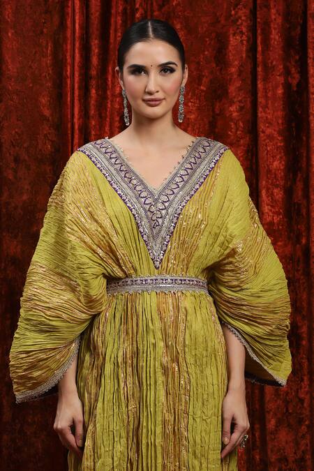 Shikhar Sharma Green Lurex, Cotton Gota Patti, Embroidery V-neck Dori Striped Kaftan at Aza Fashions Shikhar Sharma_Green Lurex, Cotton Gota Patti, Embroidery V-neck Dori Striped Kaftan _at_Aza_Fashions