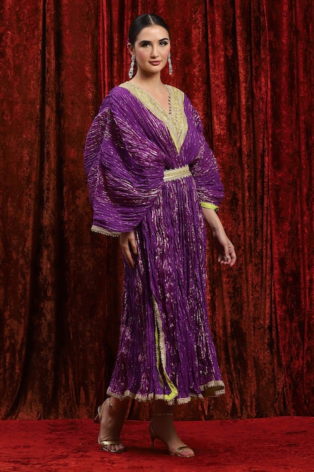 Shikhar Sharma_Purple Lurex, Cotton Gota Patti, Embroidery V-neck Badla Textured Kaftan _Online_at_Aza_Fashions
