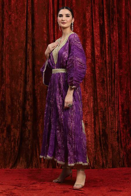Buy_Shikhar Sharma_Purple Lurex, Cotton Gota Patti, Embroidery V-neck Badla Textured Kaftan _Online_at_Aza_Fashions
