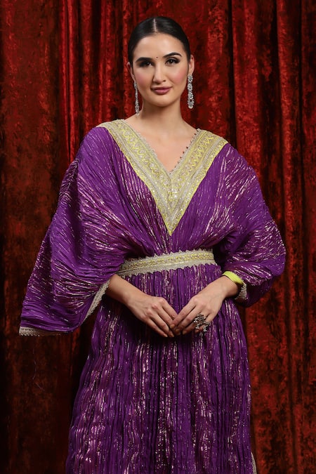 Shikhar Sharma_Purple Lurex, Cotton Gota Patti, Embroidery V-neck Badla Textured Kaftan _at_Aza_Fashions