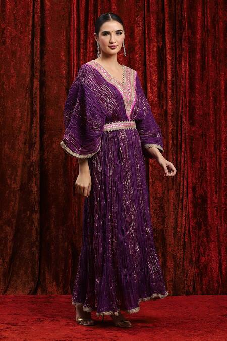Shikhar Sharma_Purple Lurex, Cotton Embroidery, Gota Patti V-neck Textured Kaftan _Online_at_Aza_Fashions
