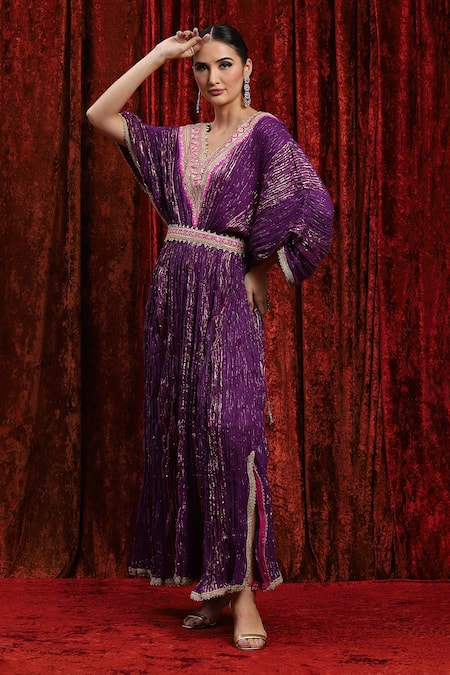 Buy_Shikhar Sharma_Purple Lurex, Cotton Embroidery, Gota Patti V-neck Textured Kaftan _Online_at_Aza_Fashions