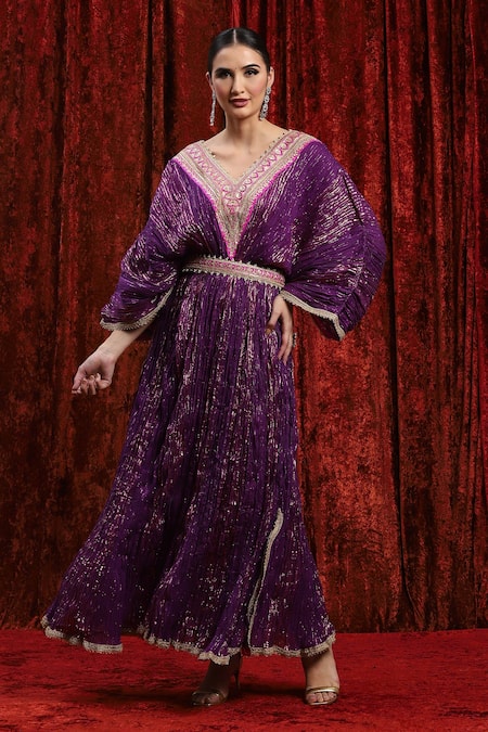 Shop_Shikhar Sharma_Purple Lurex, Cotton Embroidery, Gota Patti V-neck Textured Kaftan _Online_at_Aza_Fashions