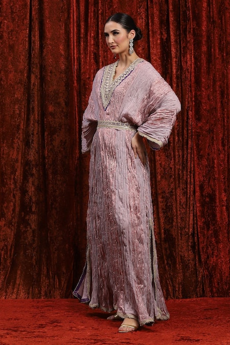 Buy Shikhar Sharma Purple Lurex Gota Patti, Embroidery V-neck Textured Stripe Kaftan Online at Aza Fashions Buy_Shikhar Sharma_Purple Lurex Gota Patti, Embroidery V-neck Textured Stripe Kaftan _Online_at_Aza_Fashions