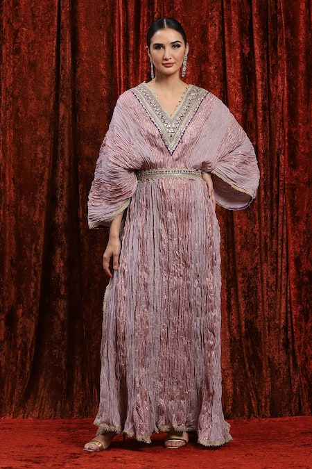 Shop Shikhar Sharma Purple Lurex Gota Patti, Embroidery V-neck Textured Stripe Kaftan Online at Aza Fashions Shop_Shikhar Sharma_Purple Lurex Gota Patti, Embroidery V-neck Textured Stripe Kaftan _Online_at_Aza_Fashions