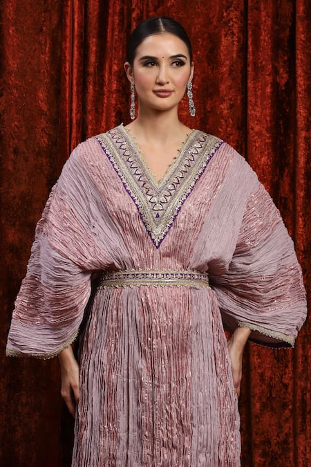 Shikhar Sharma Purple Lurex Gota Patti, Embroidery V-neck Textured Stripe Kaftan at Aza Fashions Shikhar Sharma_Purple Lurex Gota Patti, Embroidery V-neck Textured Stripe Kaftan _at_Aza_Fashions