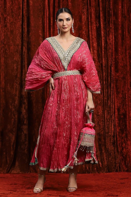 SHIKHAR SHARMA Pink Lurex Cotton Embroidered Gota V-neck Striped Dori Kaftan 