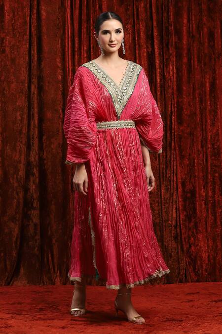 Shikhar Sharma_Pink Lurex, Cotton Embroidery, Gota Patti, Diamonds V-neck Striped Dori Kaftan _Online_at_Aza_Fashions