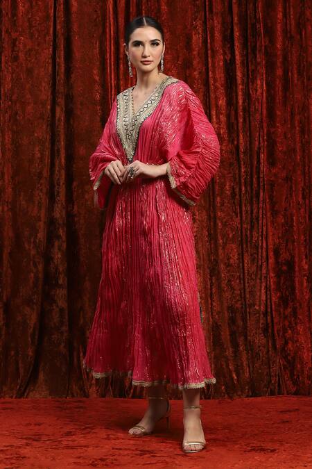 Buy_Shikhar Sharma_Pink Lurex, Cotton Embroidery, Gota Patti, Diamonds V-neck Striped Dori Kaftan _Online_at_Aza_Fashions