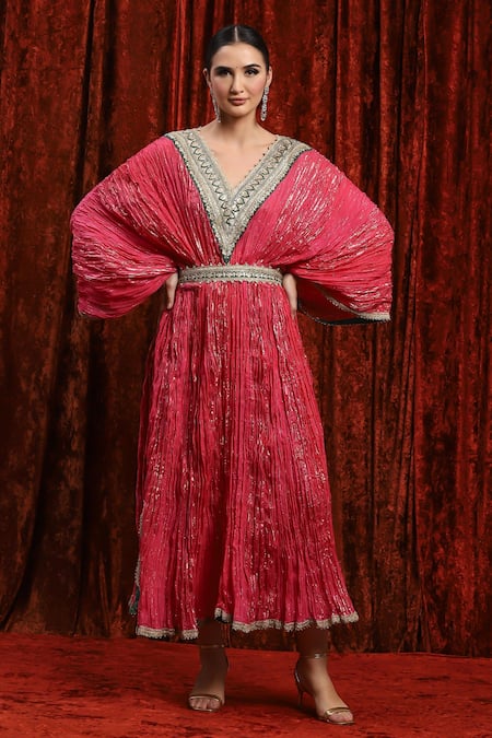 Shop_Shikhar Sharma_Pink Lurex, Cotton Embroidery, Gota Patti, Diamonds V-neck Striped Dori Kaftan _Online_at_Aza_Fashions