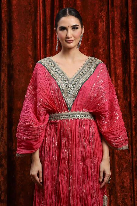 Shikhar Sharma_Pink Lurex, Cotton Embroidery, Gota Patti, Diamonds V-neck Striped Dori Kaftan _at_Aza_Fashions