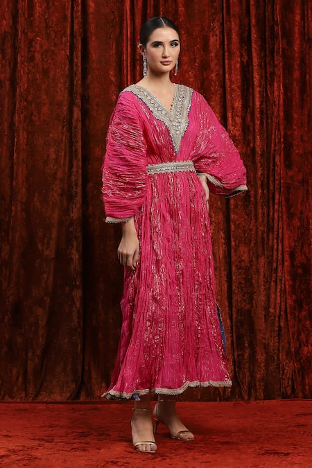 Shikhar Sharma Pink Lurex Embroidery, Gota Patti V-neck Kaftan With Belt Online at Aza Fashions Shikhar Sharma_Pink Lurex Embroidery, Gota Patti V-neck Kaftan With Belt _Online_at_Aza_Fashions