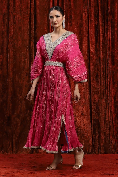 Buy Shikhar Sharma Pink Lurex Embroidery, Gota Patti V-neck Kaftan With Belt Online at Aza Fashions Buy_Shikhar Sharma_Pink Lurex Embroidery, Gota Patti V-neck Kaftan With Belt _Online_at_Aza_Fashions