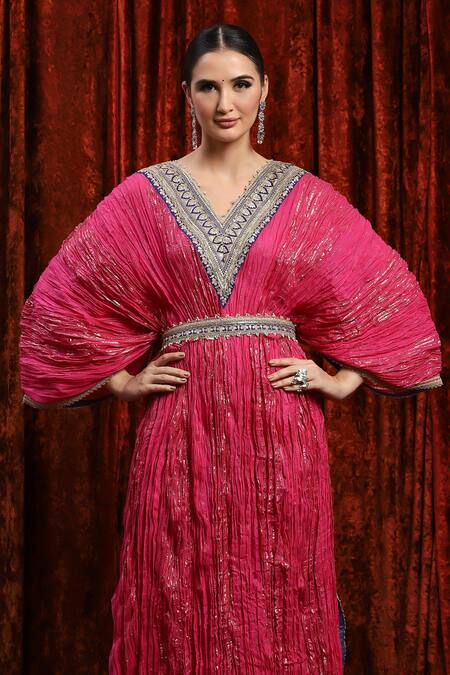 Shikhar Sharma Pink Lurex Embroidery, Gota Patti V-neck Kaftan With Belt at Aza Fashions Shikhar Sharma_Pink Lurex Embroidery, Gota Patti V-neck Kaftan With Belt _at_Aza_Fashions