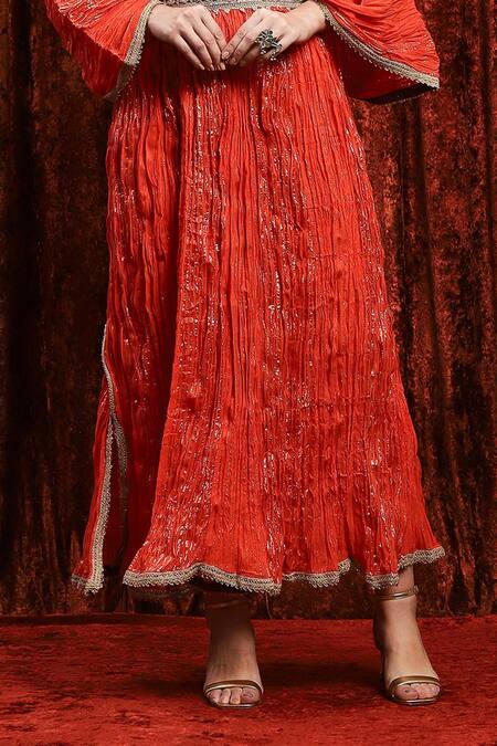 Shikhar Sharma Orange Lurex Embroidery, Gota Patti V-neck Textured Kaftan Online at Aza Fashions Shikhar Sharma_Orange Lurex Embroidery, Gota Patti V-neck Textured Kaftan _Online_at_Aza_Fashions