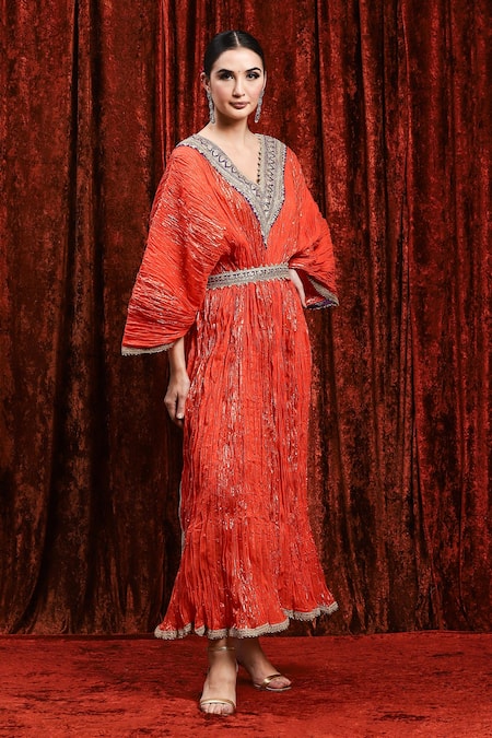 Buy Shikhar Sharma Orange Lurex Embroidery, Gota Patti V-neck Textured Kaftan Online at Aza Fashions Buy_Shikhar Sharma_Orange Lurex Embroidery, Gota Patti V-neck Textured Kaftan _Online_at_Aza_Fashions