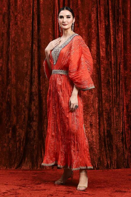 Shop Shikhar Sharma Orange Lurex Embroidery, Gota Patti V-neck Textured Kaftan Online at Aza Fashions Shop_Shikhar Sharma_Orange Lurex Embroidery, Gota Patti V-neck Textured Kaftan _Online_at_Aza_Fashions