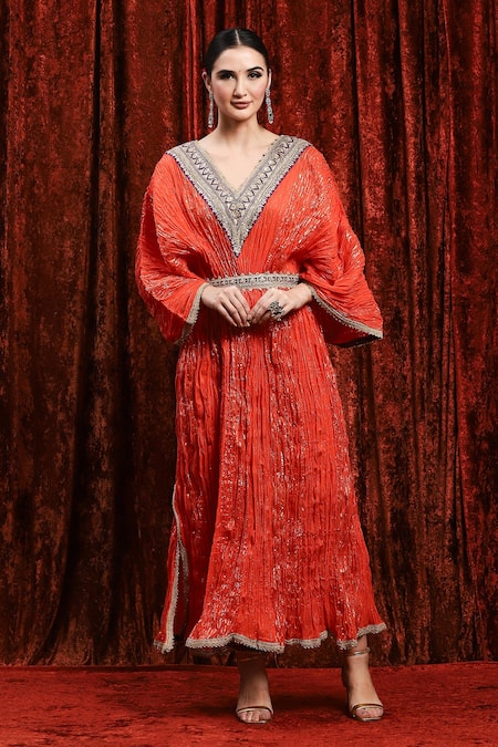 Shikhar Sharma Orange Lurex Embroidery, Gota Patti V-neck Textured Kaftan at Aza Fashions Shikhar Sharma_Orange Lurex Embroidery, Gota Patti V-neck Textured Kaftan _at_Aza_Fashions