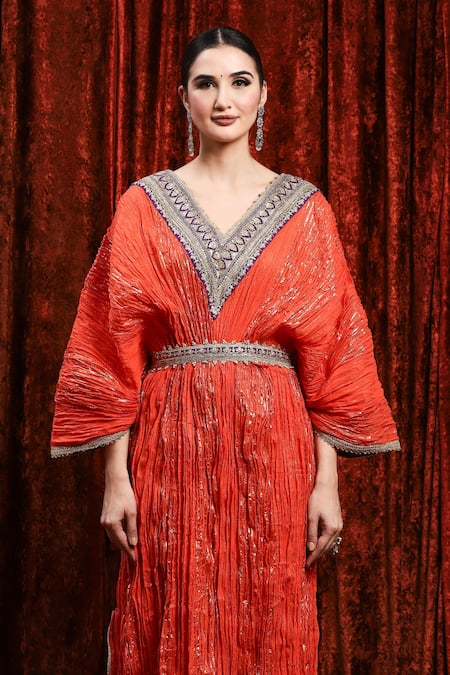Buy Shikhar Sharma Orange Lurex Embroidery, Gota Patti V-neck Textured Kaftan Buy_Shikhar Sharma_Orange Lurex Embroidery, Gota Patti V-neck Textured Kaftan