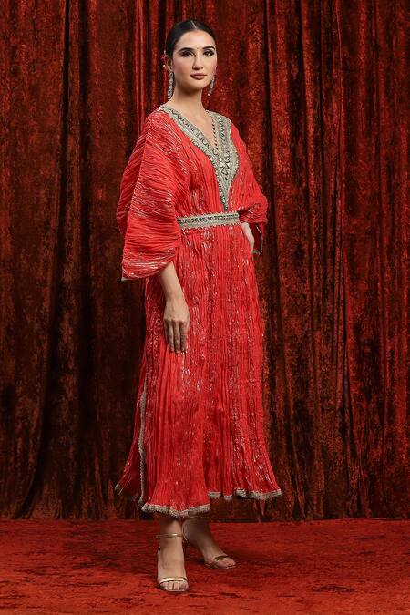 Shikhar Sharma_Red Lurex Gota Patti, Embroidery V-neck Textured Badla Kaftan _Online_at_Aza_Fashions