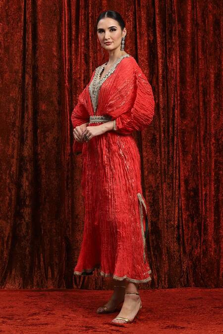 Buy_Shikhar Sharma_Red Lurex Gota Patti, Embroidery V-neck Textured Badla Kaftan _Online_at_Aza_Fashions
