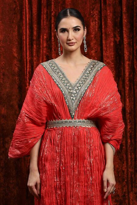 Shikhar Sharma_Red Lurex Gota Patti, Embroidery V-neck Textured Badla Kaftan _at_Aza_Fashions
