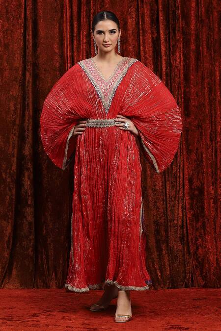 Buy_Shikhar Sharma_Red Lurex, Cotton Gota Patti, Embroidery V-neck Kaftan _Online_at_Aza_Fashions