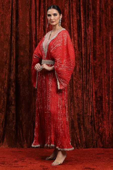 Shop_Shikhar Sharma_Red Lurex, Cotton Gota Patti, Embroidery V-neck Kaftan _Online_at_Aza_Fashions