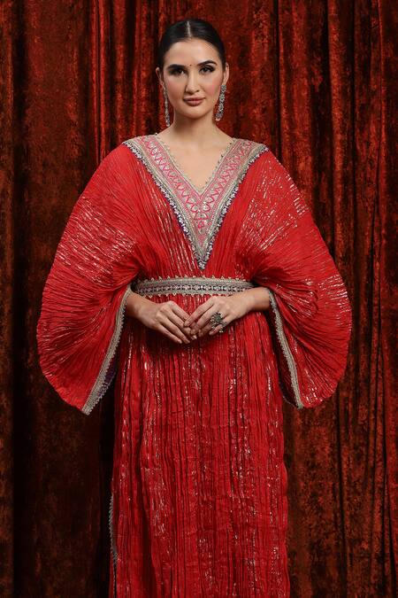 Shikhar Sharma_Red Lurex, Cotton Gota Patti, Embroidery V-neck Kaftan _at_Aza_Fashions