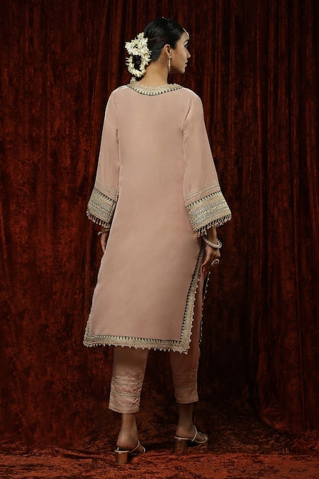 Shop Shikhar Sharma Pink Velvet, Silk, Chanderi Pearls, Embroidery, Beads Gota Kurta With Pant at Aza Fashions Shop_Shikhar Sharma_Pink Velvet, Silk, Chanderi Pearls, Embroidery, Beads Gota Kurta With Pant _at_Aza_Fashions