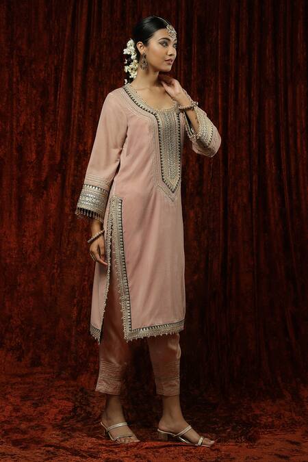 Buy Shikhar Sharma Pink Velvet, Silk, Chanderi Pearls, Embroidery, Beads Gota Kurta With Pant Online at Aza Fashions Buy_Shikhar Sharma_Pink Velvet, Silk, Chanderi Pearls, Embroidery, Beads Gota Kurta With Pant _Online_at_Aza_Fashions