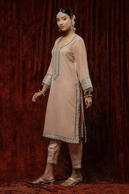 Shop Shikhar Sharma Pink Velvet, Silk, Chanderi Pearls, Embroidery, Beads Gota Kurta With Pant Online at Aza Fashions Shop_Shikhar Sharma_Pink Velvet, Silk, Chanderi Pearls, Embroidery, Beads Gota Kurta With Pant _Online_at_Aza_Fashions
