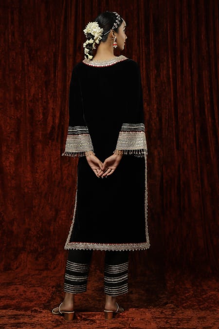 Shop Shikhar Sharma Black Velvet, Silk, Chanderi Pearls Round Neck Dori Embroidered Kurta With Pant at Aza Fashions Shop_Shikhar Sharma_Black Velvet, Silk, Chanderi Pearls Round Neck Dori Embroidered Kurta With Pant _at_Aza_Fashions