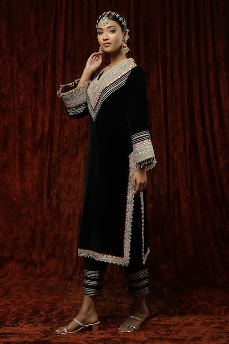 Shop Shikhar Sharma Black Velvet, Silk, Chanderi Pearls Round Neck Dori Embroidered Kurta With Pant Online at Aza Fashions Shop_Shikhar Sharma_Black Velvet, Silk, Chanderi Pearls Round Neck Dori Embroidered Kurta With Pant _Online_at_Aza_Fashions