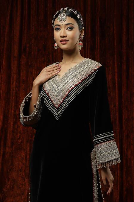 Shikhar Sharma Black Velvet, Silk, Chanderi Pearls Round Neck Dori Embroidered Kurta With Pant at Aza Fashions Shikhar Sharma_Black Velvet, Silk, Chanderi Pearls Round Neck Dori Embroidered Kurta With Pant _at_Aza_Fashions