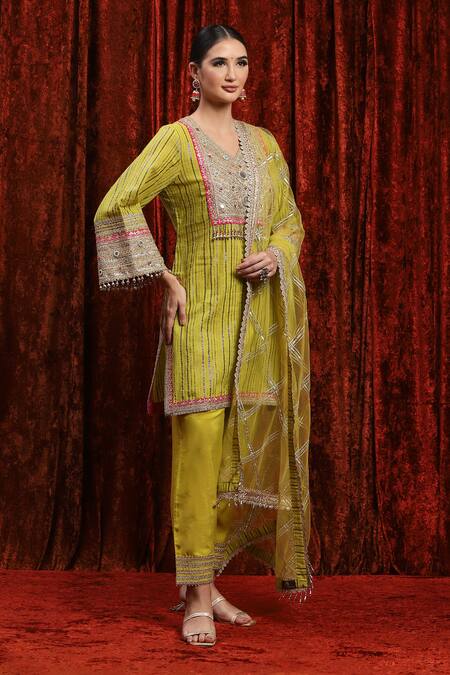 Shikhar Sharma_Green Cotton, Silk, Net, Chanderi Gota Patti, Mirrors, Striped Kurta Pant Set _Online_at_Aza_Fashions