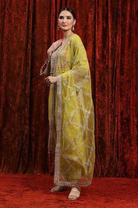 Buy_Shikhar Sharma_Green Cotton, Silk, Net, Chanderi Gota Patti, Mirrors, Striped Kurta Pant Set _Online_at_Aza_Fashions