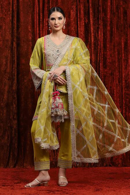Shop_Shikhar Sharma_Green Cotton, Silk, Net, Chanderi Gota Patti, Mirrors, Striped Kurta Pant Set _Online_at_Aza_Fashions
