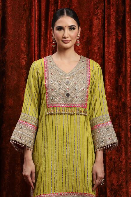 Shikhar Sharma_Green Cotton, Silk, Net, Chanderi Gota Patti, Mirrors, Striped Kurta Pant Set _at_Aza_Fashions