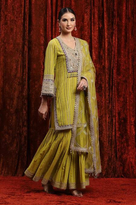 Shikhar Sharma Green Cotton, Silk, Net, Chanderi Mirrors, Gota Patti, Striped Kurta Sharara Set Online at Aza Fashions Shikhar Sharma_Green Cotton, Silk, Net, Chanderi Mirrors, Gota Patti, Striped Kurta Sharara Set _Online_at_Aza_Fashions