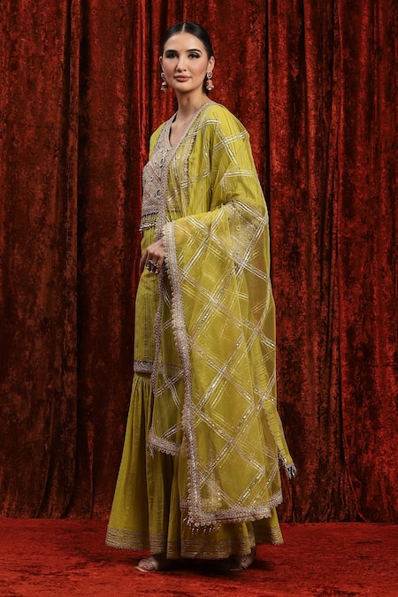 Buy Shikhar Sharma Green Cotton, Silk, Net, Chanderi Mirrors, Gota Patti, Striped Kurta Sharara Set Online at Aza Fashions Buy_Shikhar Sharma_Green Cotton, Silk, Net, Chanderi Mirrors, Gota Patti, Striped Kurta Sharara Set _Online_at_Aza_Fashions