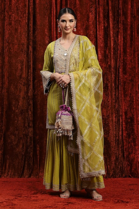 Shop Shikhar Sharma Green Cotton, Silk, Net, Chanderi Mirrors, Gota Patti, Striped Kurta Sharara Set Online at Aza Fashions Shop_Shikhar Sharma_Green Cotton, Silk, Net, Chanderi Mirrors, Gota Patti, Striped Kurta Sharara Set _Online_at_Aza_Fashions