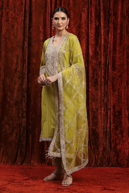 Buy Shikhar Sharma Green Cotton, Lurex, Silk, Chanderi, Net Embroidery, Dori Kurta Pant Set Online at Aza Fashions Buy_Shikhar Sharma_Green Cotton, Lurex, Silk, Chanderi, Net Embroidery, Dori Kurta Pant Set _Online_at_Aza_Fashions