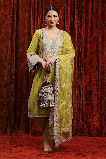 Shop Shikhar Sharma Green Cotton, Lurex, Silk, Chanderi, Net Embroidery, Dori Kurta Pant Set Online at Aza Fashions Shop_Shikhar Sharma_Green Cotton, Lurex, Silk, Chanderi, Net Embroidery, Dori Kurta Pant Set _Online_at_Aza_Fashions