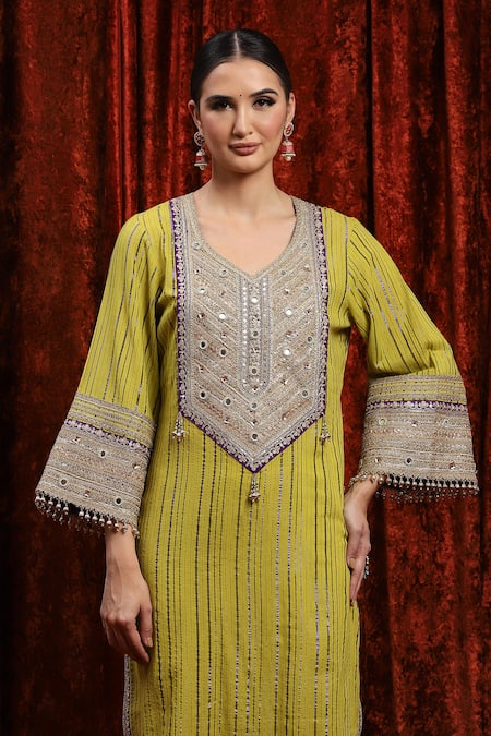 Shikhar Sharma Green Cotton, Lurex, Silk, Chanderi, Net Embroidery, Dori Kurta Pant Set at Aza Fashions Shikhar Sharma_Green Cotton, Lurex, Silk, Chanderi, Net Embroidery, Dori Kurta Pant Set _at_Aza_Fashions