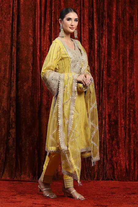 Shikhar Sharma_Yellow Cotton, Silk, Net, Chanderi Mirrors, Striped Gota Kurta Pant Set _Online_at_Aza_Fashions