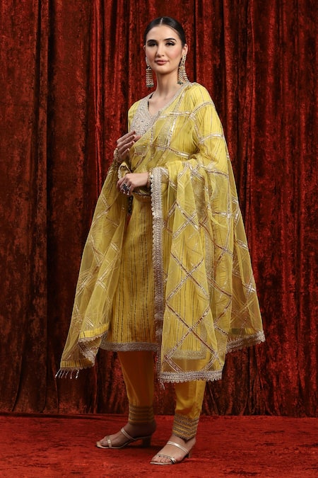 Buy_Shikhar Sharma_Yellow Cotton, Silk, Net, Chanderi Mirrors, Striped Gota Kurta Pant Set _Online_at_Aza_Fashions