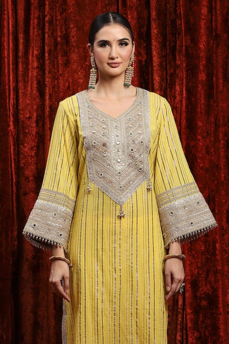 Shop_Shikhar Sharma_Yellow Cotton, Silk, Net, Chanderi Mirrors, Striped Gota Kurta Pant Set _Online_at_Aza_Fashions